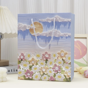 ถุงของขวัญภาพวาดสีน้ำมันสีพาสเทล ลายเมฆขาวทะเลดอกไม้ ไซซ์L