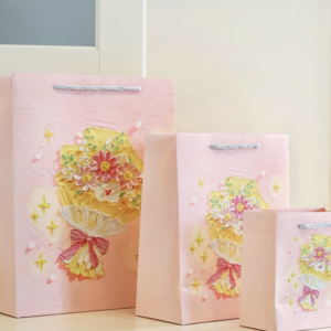 ถุงของขวัญภาพวาดสีน้ำมันสีพาสเทล ลายช่อดอกไม้ชมพูพีช ไซซ์S
