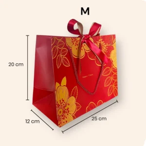 ถุงกระดาษสีแดงลายดอกไม้ แถมริบบิ้น(1 แพ็ค/มี10ใบ) ไซซ์M