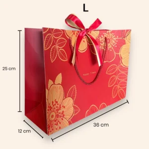 ถุงกระดาษสีแดงลายดอกไม้ แถมริบบิ้น(1 แพ็ค/มี10ใบ) ไซซ์L