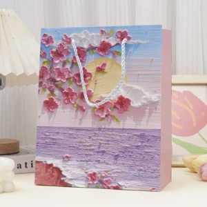ถุงของขวัญภาพวาดสีน้ำมันสีพาสเทล ลายดอกซากุระทะเล ไซซ์L