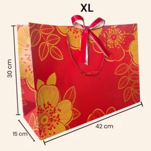ถุงกระดาษสีแดงลายดอกไม้ แถมริบบิ้น(1 แพ็ค/มี10ใบ) ไซซ์XL