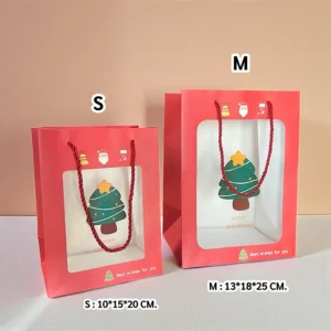 ถุงกระดาษหน้าใส ตรีมคริสต์มาสสีแดง (1 แพ็ค มี 5 ใบ) ไซซ์M