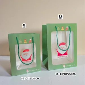 ถุงกระดาษหน้าใส ตรีมคริสต์มาสสีเขียว (1 แพ็ค มี 5 ใบ) ไซซ์M