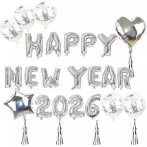 ลูกโป่งตกแต่งปีใหม่ ชุด HAPPY NEW YEAR 2026 สีเงิน