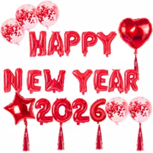 ลูกโป่งตกแต่งปีใหม่ ชุด HAPPY NEW YEAR 2026 สีแดง