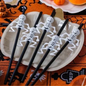 Halloween Plastic Party Straws หลอดพลาสติกฮาโลวีน 5 ชิ้น สีดำลายกระดูก ยาว 28 ซม.
