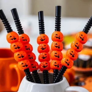 Halloween Plastic Party Straws หลอดพลาสติกฮาโลวีน 5 ชิ้น สีดำลายฟักทอง ยาว 22 ซม.