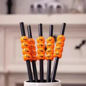 Halloween Plastic Party Straws หลอดพลาสติกฮาโลวีน 5 ชิ้น สีดำลายฟักทอง ยาว 30 ซม.