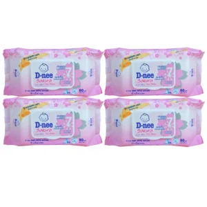 D-nee ทิชชู่เปียก เบบี้ไวพส์ นิวบอร์น 80 ชิ้น สูตรน้ำบริสุทธิ์ 4ห่อชมพู