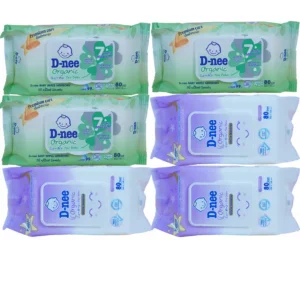 D-nee ทิชชู่เปียก เบบี้ไวพส์ นิวบอร์น 80 ชิ้น สูตรน้ำบริสุทธิ์ 6ห่อ เขียว3 ม่วง3