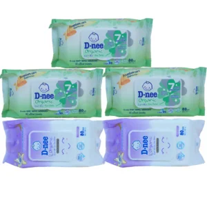 D-nee ทิชชู่เปียก เบบี้ไวพส์ นิวบอร์น 80 ชิ้น สูตรน้ำบริสุทธิ์ 5ห่อ ม่วง2เขียว3