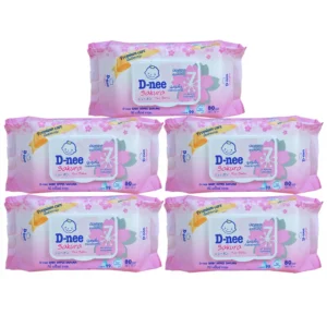 D-nee ทิชชู่เปียก เบบี้ไวพส์ นิวบอร์น 80 ชิ้น สูตรน้ำบริสุทธิ์ 5ห่อชมพู