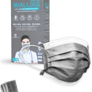 หน้ากากอนามัยทางการแพทย์ ยี่ห้อ วอลลิแอส Walliasหนา 3 ชั้น สีคาร์บอน